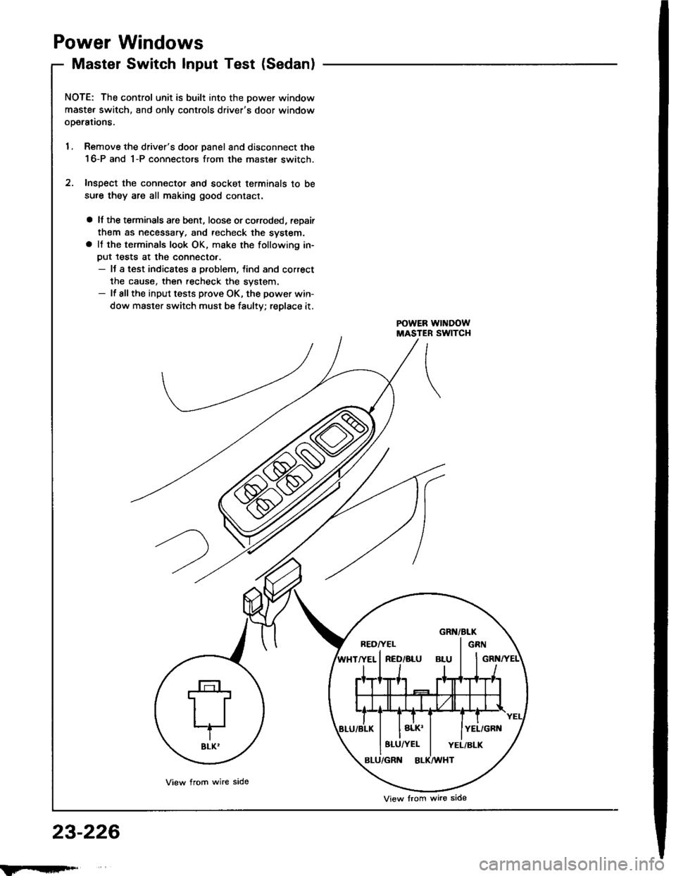 HONDA INTEGRA 1994 4.G Workshop Manual Power Windows
Master Switch Input Test (Sedan)
NOTE; The control unit is built into the Dower window
maste. switch, and onlv controls drivers door window
ooerations.
1. Remove the drivers door panel