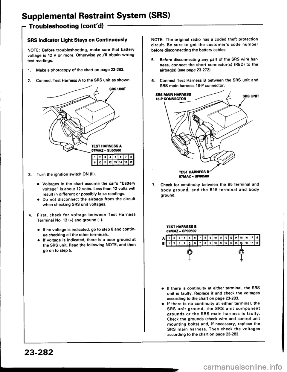 HONDA INTEGRA 1994 4.G Workshop Manual Supplemental Restraint System (SRSI
Troubleshooting (contdl
SRS Indicator Light Stays on Continuously
NOTE: Before troubleshooting, make sure that battery
voltage is 12 V or mo.e. Otherwise youll ob