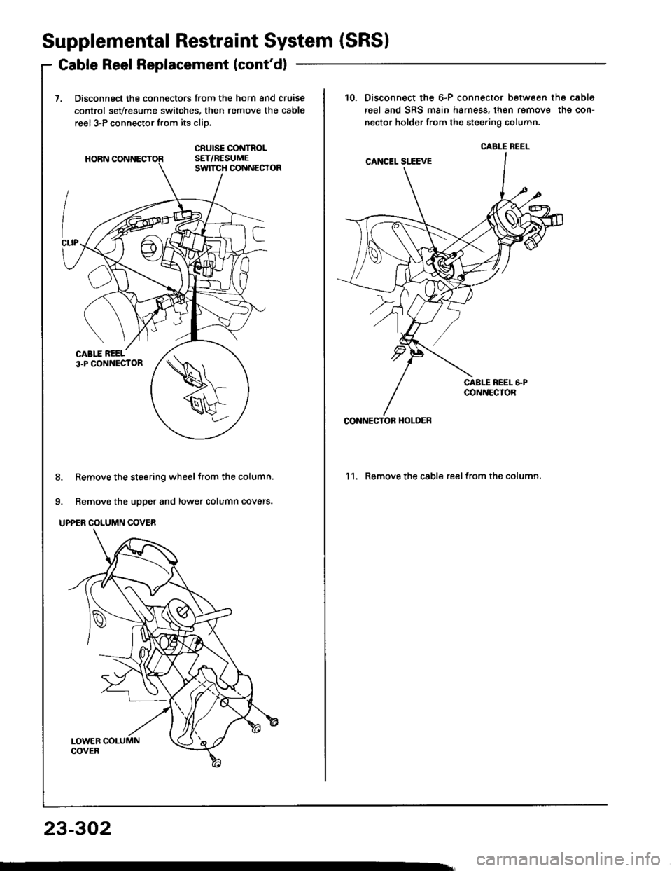 HONDA INTEGRA 1994 4.G Workshop Manual Supplemental Restraint System (SRSI
Gable Reel Replacement (contd)
Disconnect the connectors from the horn and cruise
control sevresume switches, then remove the cable
reel 3-P connector from its cli