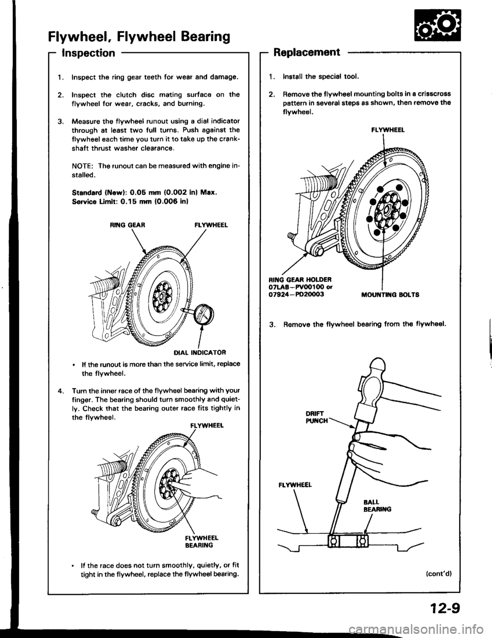 HONDA INTEGRA 1994 4.G Workshop Manual InspectionReplacement
Flywheel, Flywheel Bearing
Inspect the ring gear teeth for wear and damage.
Inspect the clutch disc mating surface on the
flywheel fo. wear, cracks, and burning.
Measure the flyw HONDA INTEGRA 1994 4.G Workshop Manual InspectionReplacement
Flywheel, Flywheel Bearing
Inspect the ring gear teeth for wear and damage.
Inspect the clutch disc mating surface on the
flywheel fo. wear, cracks, and burning.
Measure the flyw