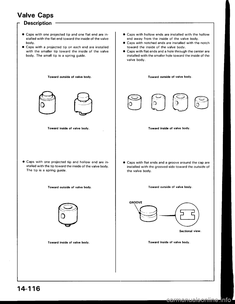 HONDA INTEGRA 1994 4.G Workshop Manual Valve Caps
Description
Caps with one projected tip and one flat end are in-
stalled with the llat end toward the inside ot the valve
body.
Caps with a projected tip on each end are installed
with the HONDA INTEGRA 1994 4.G Workshop Manual Valve Caps
Description
Caps with one projected tip and one flat end are in-
stalled with the llat end toward the inside ot the valve
body.
Caps with a projected tip on each end are installed
with the