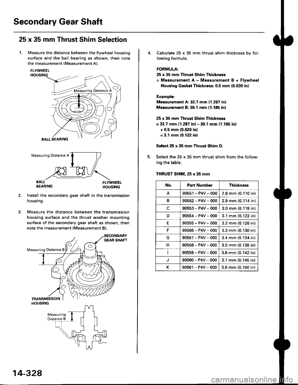 HONDA CIVIC 2000 6.G Workshop Manual Secondary Gear Shaft
25 x 35 mm Thrust Shim Selection
1. Measure the distance between the flywheel housing
surface and the ball bearing as shown, then note
the measurement (Measurement A).
FLYWHEELHOU HONDA CIVIC 2000 6.G Workshop Manual Secondary Gear Shaft
25 x 35 mm Thrust Shim Selection
1. Measure the distance between the flywheel housing
surface and the ball bearing as shown, then note
the measurement (Measurement A).
FLYWHEELHOU