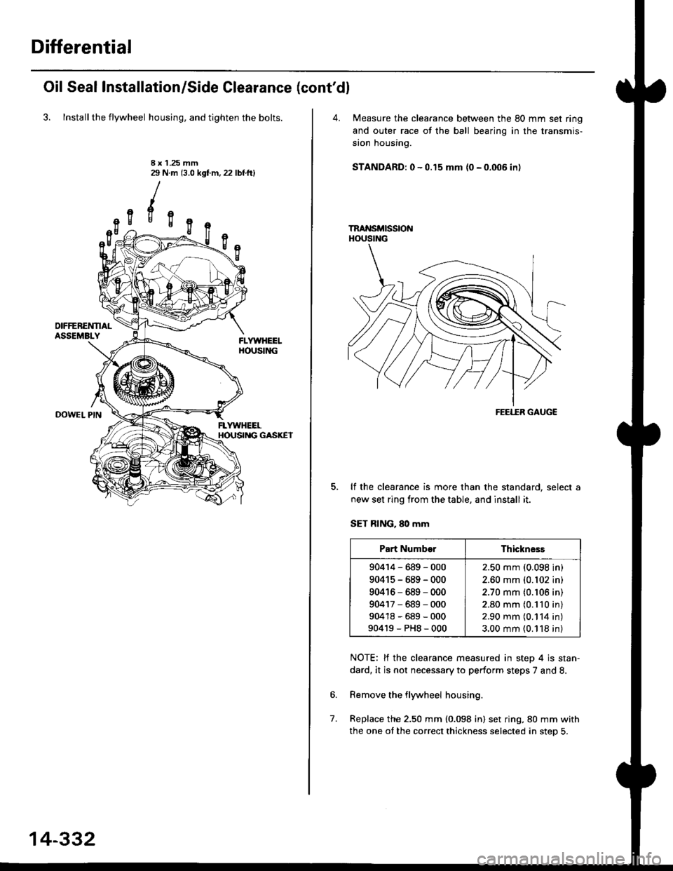 HONDA CIVIC 1997 6.G Workshop Manual Differential
Oil Seal Installation/Side Clearance (contdl
3. Installthe flywheel housing, and tighten the bolts.
DOWEL PIN
1 .25 mmN m (3.0 kgt m,22 lbf.ttl8x29
uigE
14-332
4. Measure the clea.ance b