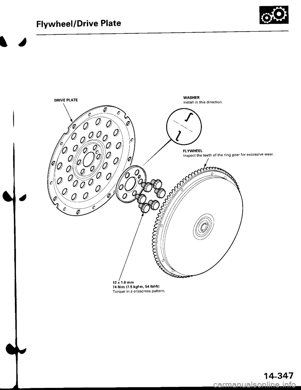 HONDA CIVIC 1996 6.G Workshop Manual Flywheel/Drive Plate
DRIVE PLATE
/,1vl
a
o0
a9
WASHERInstall in this direction.
FLYWHEELlnspect the teeth of the ring gear for excessive wear
../
.t
12 x 1.0 mm74 N.m (7.5 kgf.m, 54lbfft)
Torque in a