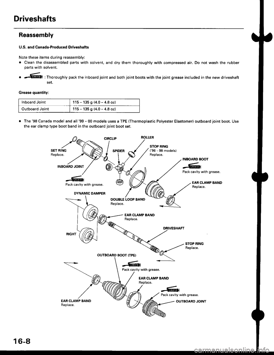HONDA CIVIC 2000 6.G Workshop Manual Driveshafts
Reassembly
U.S. and Canada-Producad Driv€shafts
Note these items during reassembly
. Clean the disassembled parts with solvent, and dry them thoroughly with compressed air, Do not wash 