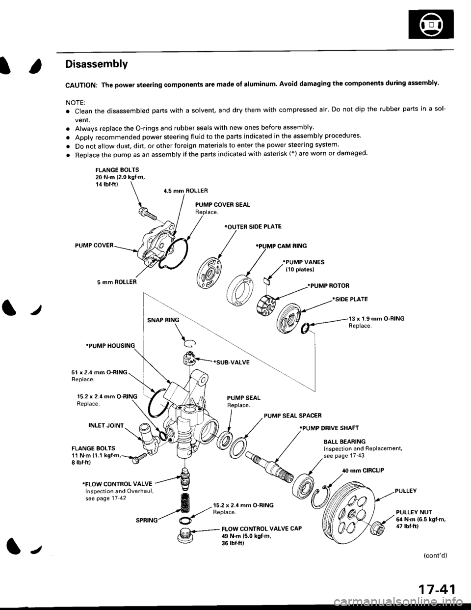 HONDA CIVIC 1998 6.G Workshop Manual Disassembly
CAUTION: The power steering components are made of aluminum. Avoid damaging the components during assembly.
NOTE:
. Ctean the disassembled parts with a solvent, and dry them with compresse