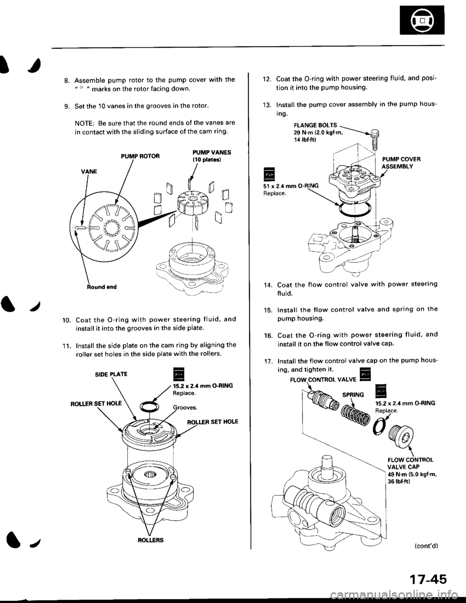 HONDA CIVIC 1998 6.G Workshop Manual I
8.
9.
Assemble pump rotor to the pump cover with the" " " marks on the rotor facing down.
Set the 10 vanes in the grooves in the rotor.
NOTE: Be sure that the round ends ot the vanes are
in contact 