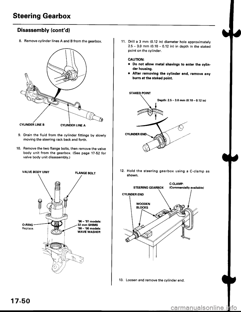 HONDA CIVIC 1997 6.G Workshop Manual Steering Gearbox
Disassembly (contd)
8. Remove cylinder lines A and B from the gearbox.
CYLINDER LINE gCYLINOCR LINE A
Drain the fluid from the cylinder fittings by slowly
moving the steering rack ba