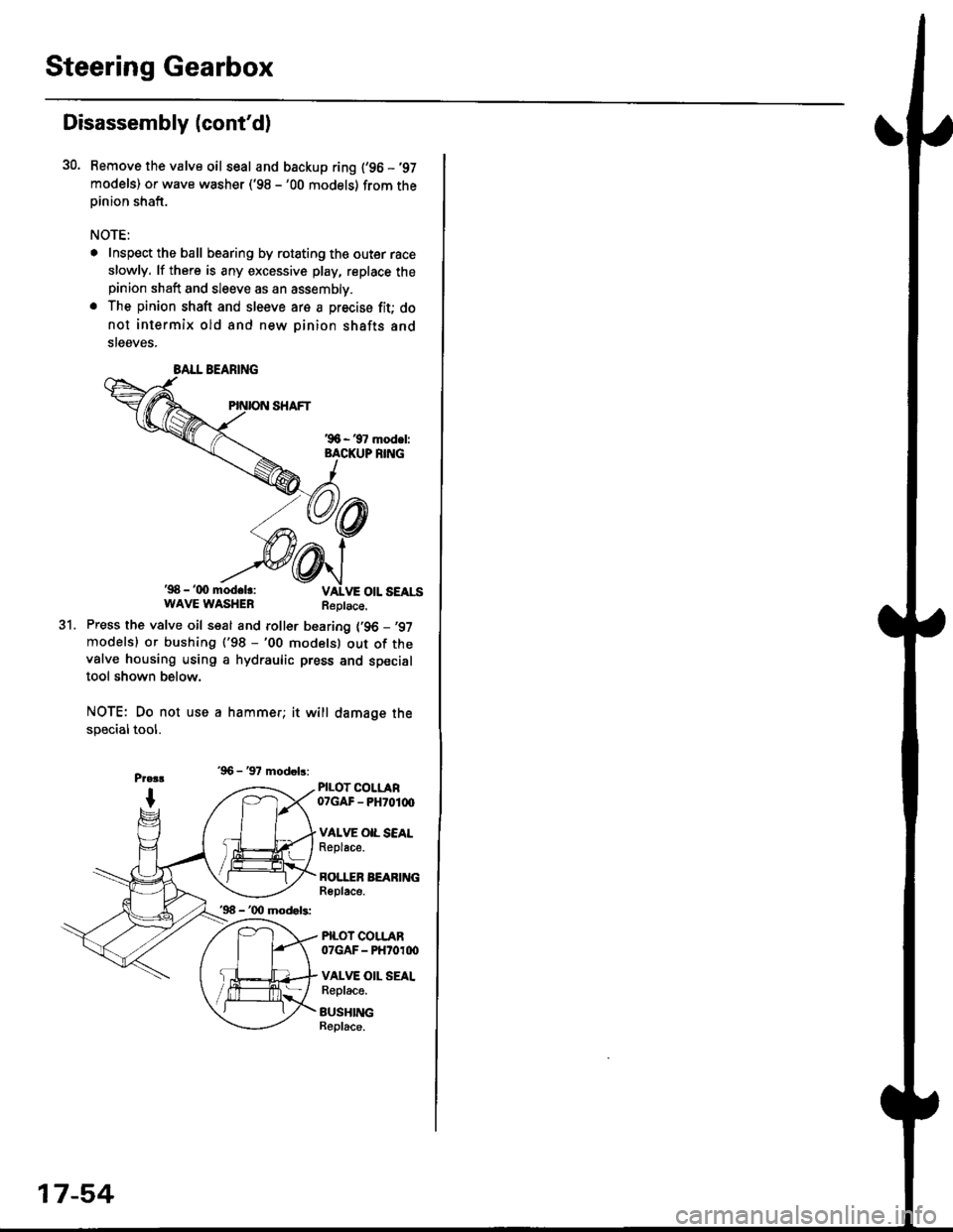 HONDA CIVIC 1997 6.G Workshop Manual Steering Gearbox
Disassembly (contd)
30. Bemove the valve oil seal and backup ring {96 -97
models) or wave washer (98 -00 models) from theoinion shaft.
NOTE:
. Inspect the ball bearing by rotatin