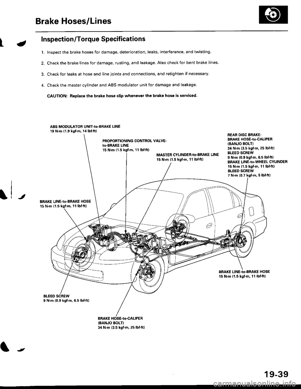 HONDA CIVIC 2000 6.G Workshop Manual Brake Hoses/Lines
LJ
Inspection/Torque Specifications
t. Inspect the brake hoses for damage, deterioration, leaks, interference, and twisting.
2. Check the brake lines for damage, rusting. and leakage HONDA CIVIC 2000 6.G Workshop Manual Brake Hoses/Lines
LJ
Inspection/Torque Specifications
t. Inspect the brake hoses for damage, deterioration, leaks, interference, and twisting.
2. Check the brake lines for damage, rusting. and leakage