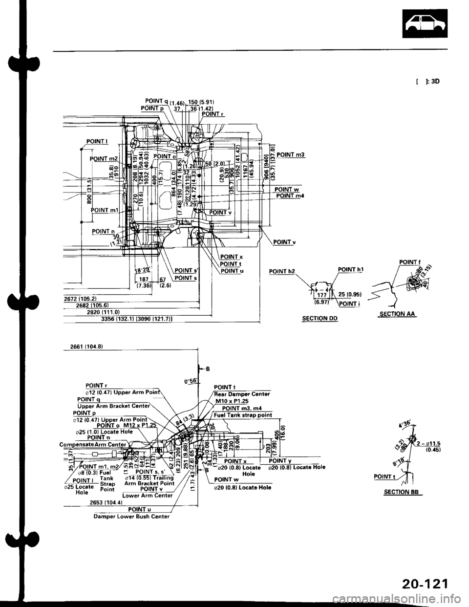 HONDA CIVIC 1997 6.G Workshop Manual I t:3D
SECTION AA
012 {0.47) Upper Arm
@20 {0.8) Locat. Hole
Lower Arm Center
Damoer Lower Bush Center
20-121 