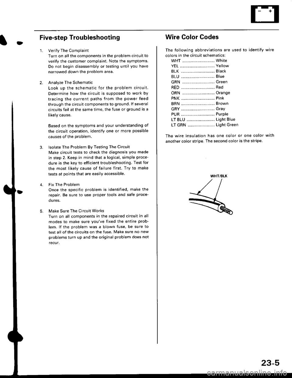 HONDA CIVIC 1996 6.G Workshop Manual t
Five-step Troubleshooting
2.
1.Verify The Complaint
Turn on all the components in the problem circuit to
verify the customer complaint. Note the symptoms.
Do not begin disassembly or testing until y HONDA CIVIC 1996 6.G Workshop Manual t
Five-step Troubleshooting
2.
1.Verify The Complaint
Turn on all the components in the problem circuit to
verify the customer complaint. Note the symptoms.
Do not begin disassembly or testing until y