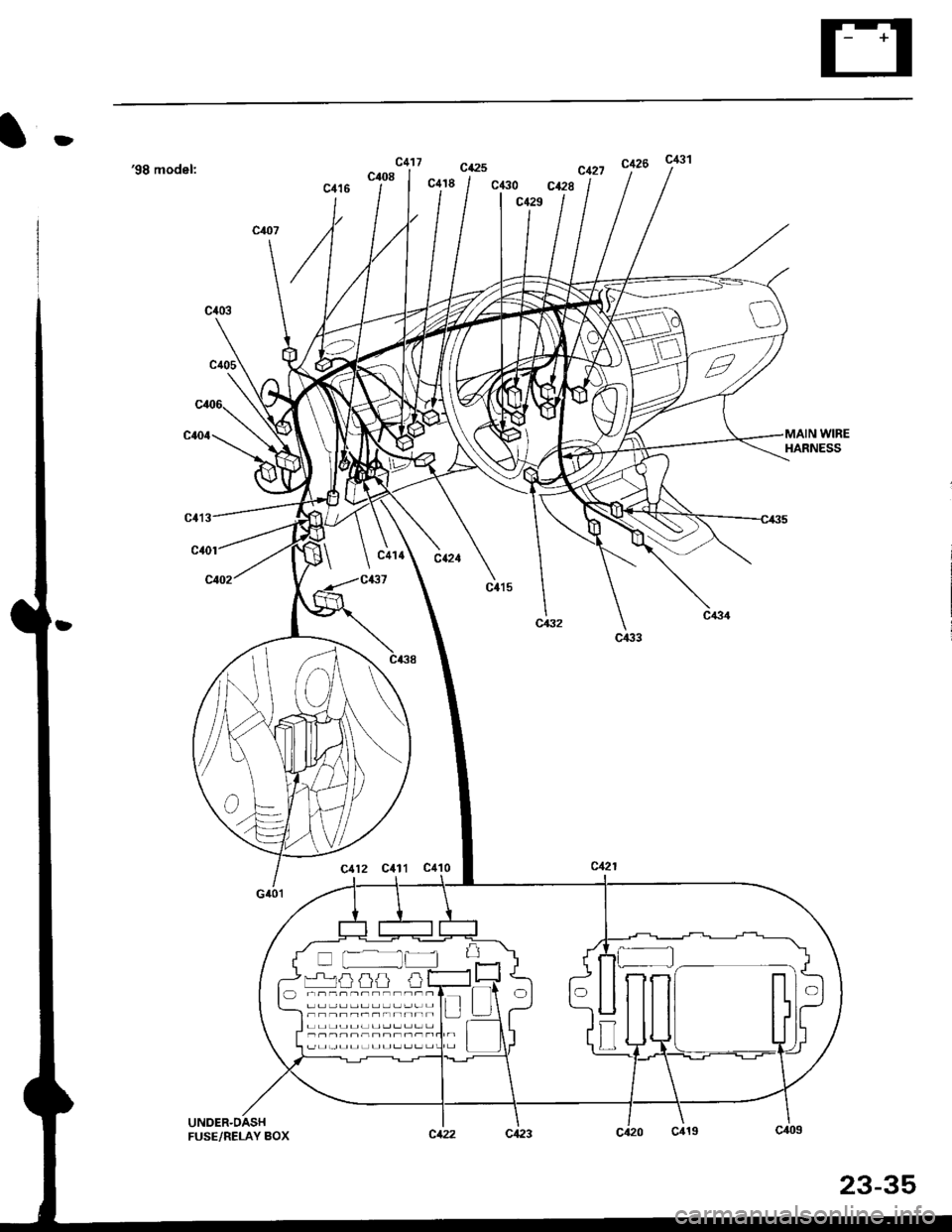 HONDA CIVIC 1996 6.G Workshop Manual tD
€8 model:"n, ctza j81
c121
cQac€0
I c129
WIREHARNESS
c,(},l
c112 c111 c110
UNDER-DASHFUSE/RELAY BOX
::::::::::: r ll:
23-35 