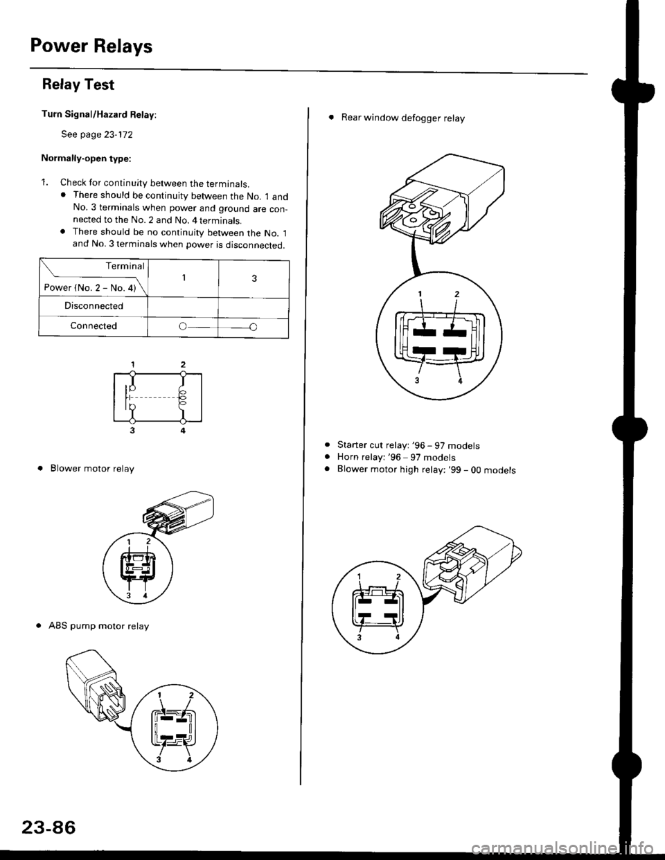 HONDA CIVIC 1997 6.G Workshop Manual Power Relays
Relay Test
Turn Signal/Hazard Relay:
See page 23-172
Normally-open type:
1. Check for continuity between the terminals.. There should be continujty between the No. 1 andNo.3 terminals whe