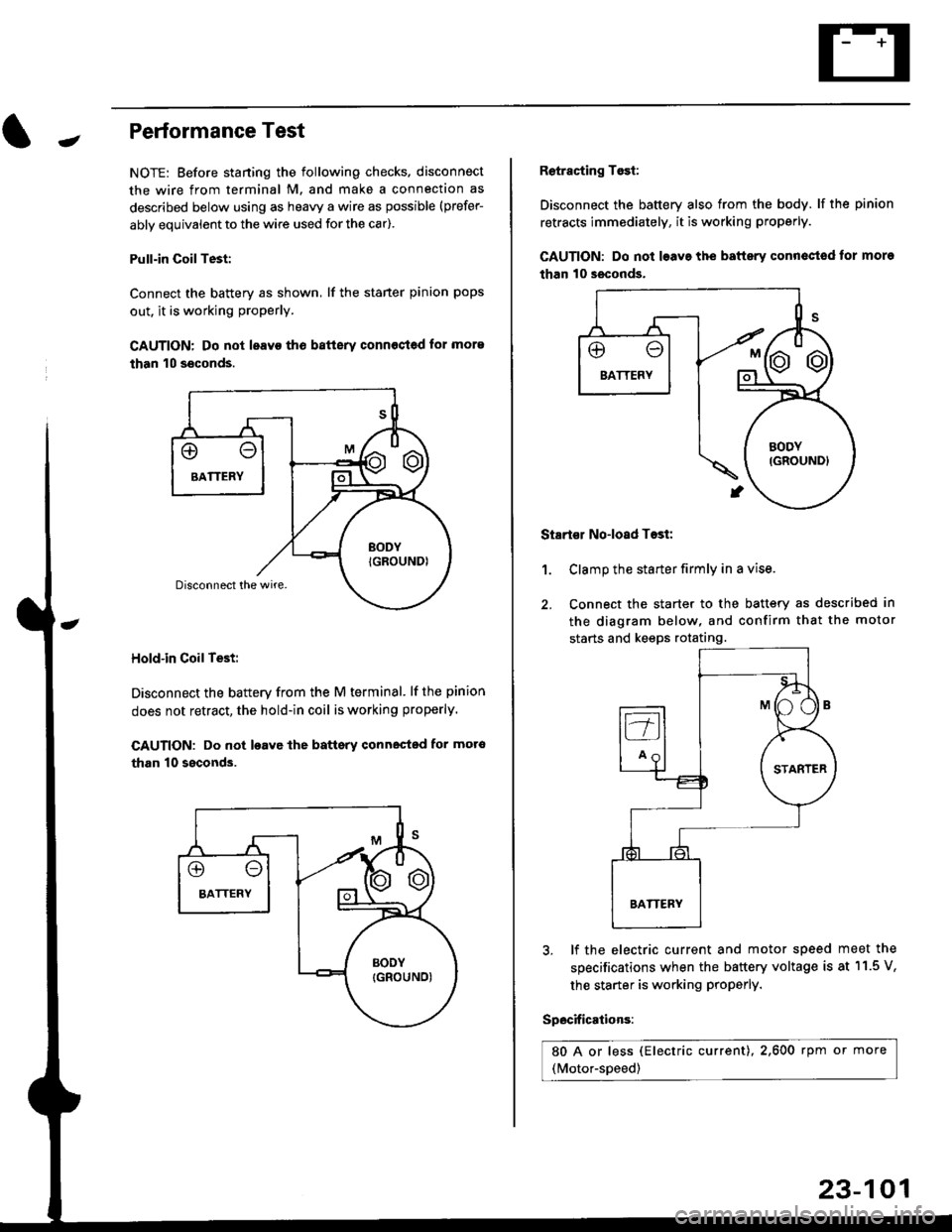 HONDA CIVIC 2000 6.G Workshop Manual -Performance Test
NOTE: Before staning the following checks. disconnect
the wire from terminal M. and make a connection as
described below using as heavy a wire as possible (prefer-
ably equivalent to HONDA CIVIC 2000 6.G Workshop Manual -Performance Test
NOTE: Before staning the following checks. disconnect
the wire from terminal M. and make a connection as
described below using as heavy a wire as possible (prefer-
ably equivalent to