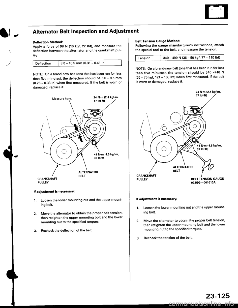 HONDA CIVIC 1996 6.G Workshop Manual It -Alternator Belt Inspection and Adiustment
Deflection Method:
Apply a force of 98 N (10 kgl,22lbll, and measure the
deflection between the alternator and the crankshaft pul-
ley.
Detlection | 8.0 - HONDA CIVIC 1996 6.G Workshop Manual It -Alternator Belt Inspection and Adiustment
Deflection Method:
Apply a force of 98 N (10 kgl,22lbll, and measure the
deflection between the alternator and the crankshaft pul-
ley.
Detlection | 8.0 -