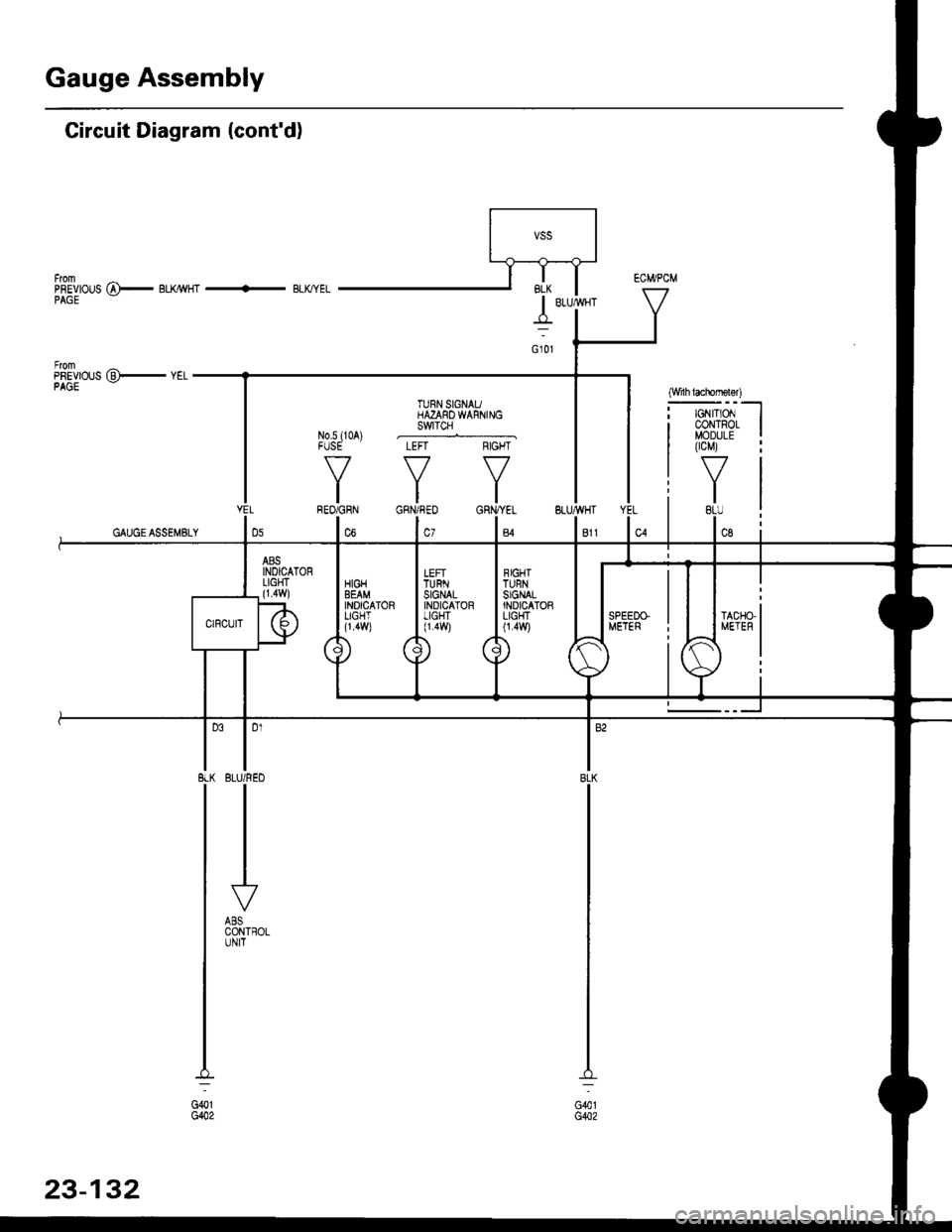 HONDA CIVIC 1997 6.G Workshop Manual Gauge Assembly
(Wnh lachomolgr)
I cNfldt--]I CONTRoL II MODULE
I 0cM) :
tvl
i.ll
| 
-i;, 
i
TURN SIGNAUHAZAROWARNINGswtTcH
Circuit Diagram {contd)
Fh"lurous @)- BLrcwHT + BLKryEL
fiSfvrous 16r.- veL