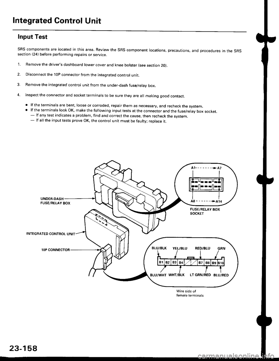 HONDA CIVIC 2000 6.G Workshop Manual Integrated Control Unit
Input Test
SRS components are located in this area. Review the SRS component locations, precautions, and procedures in the SRSsection {24) before performing repairs or service.