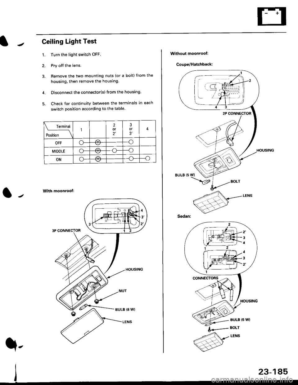 HONDA CIVIC 1996 6.G Workshop Manual Ceiling Light Test
1. Turn the light switch OFF
2. Pry off the lens.
3. Remove the two mounting nuts (or a bolt) from the
housing, then remove the housing.
4. Disconnect the connector{s) from the hous