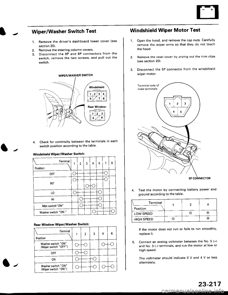 HONDA CIVIC 1998 6.G Workshop Manual Wiper/Washer Switch Test
Remove the drivers dashboard lower cover {see
section 20).
Remove the steering column covers.
Disconnect the 8P and 6P connectors from the
switch, remove the two screws, and HONDA CIVIC 1998 6.G Workshop Manual Wiper/Washer Switch Test
Remove the drivers dashboard lower cover {see
section 20).
Remove the steering column covers.
Disconnect the 8P and 6P connectors from the
switch, remove the two screws, and