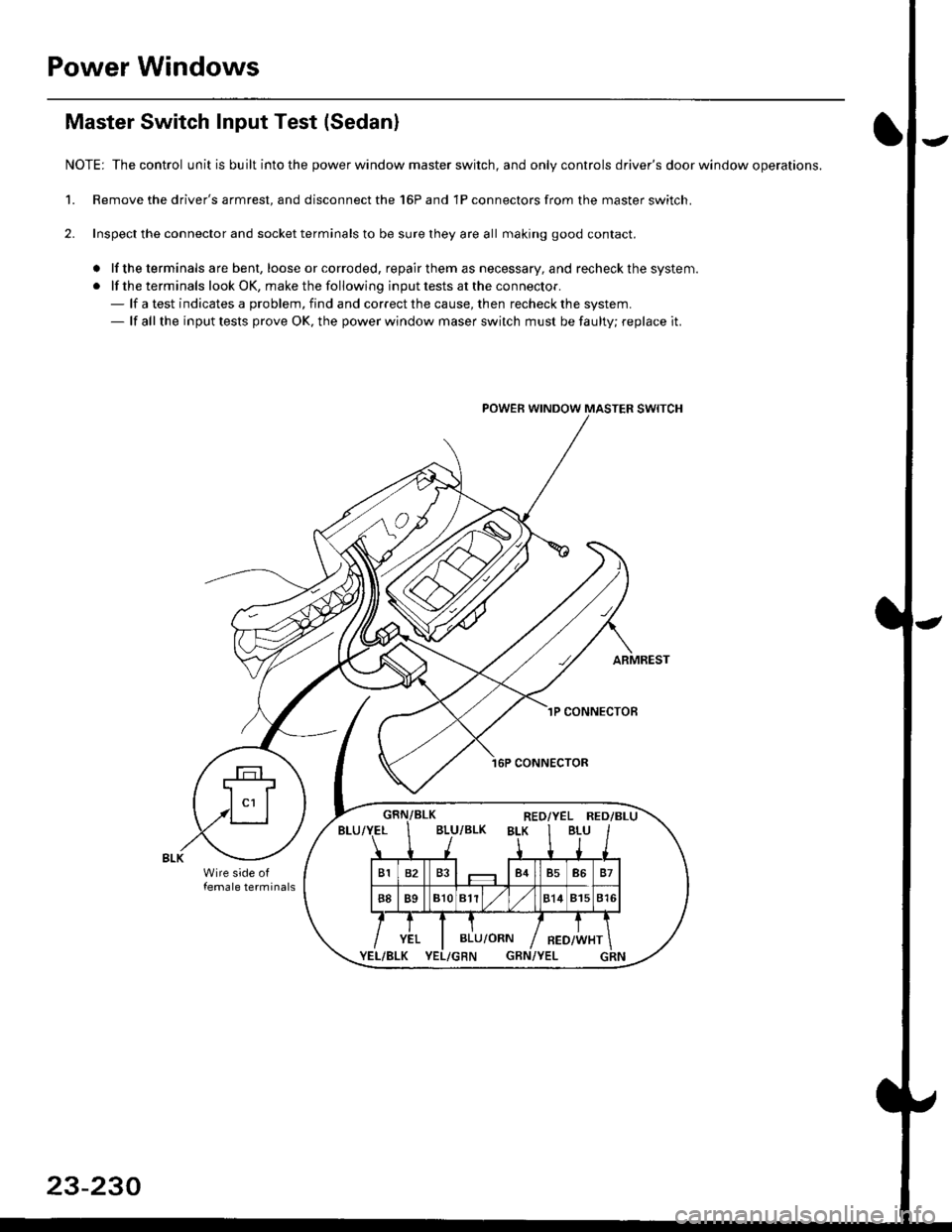 HONDA CIVIC 1996 6.G Workshop Manual Power Windows
Master Switch Input Test (Sedan)
NOTE: Thecontrol unit is built intothe power window master switch, and only controls drivers door window operations.
1. Remove the drivers armrest, and