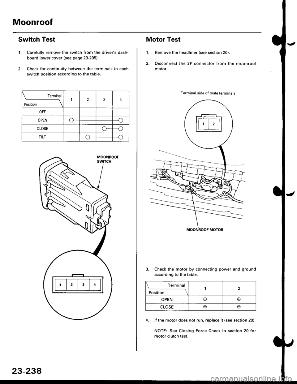 HONDA CIVIC 1997 6.G Workshop Manual Moonroof
1.
Switch Test
Carefully remove the switch from the drivers dash-
board lower cover {see page 23-205}.
Check for continuitv between the terminals in each
switch position according to the tab