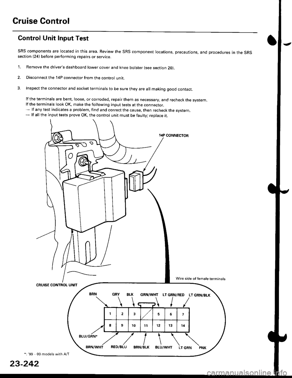 HONDA CIVIC 1997 6.G Workshop Manual Cruise Control
Gontrol Unit Input Test
SRS components are located in this area. Review the SRS component locations, precautions, and procedures in the SRSsection (24) before performing repairs or serv