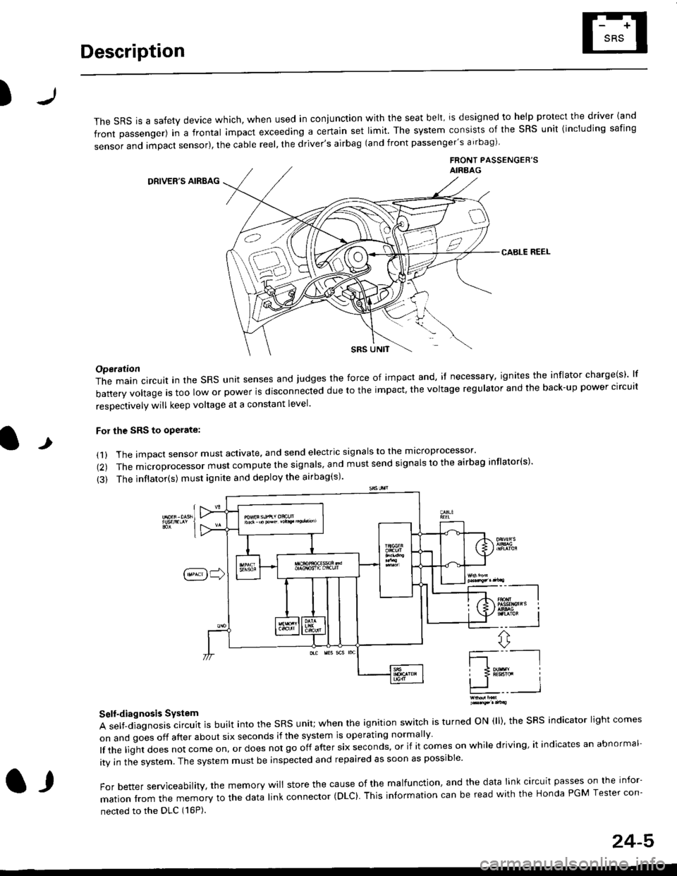 HONDA CIVIC 2000 6.G Workshop Manual Description
)
The sRS is a safety device which, when used in coniunction with the seat belt, is designed to help protect the driver land
front passenger) in a frontal impact exceeding a certain set li HONDA CIVIC 2000 6.G Workshop Manual Description
)
The sRS is a safety device which, when used in coniunction with the seat belt, is designed to help protect the driver land
front passenger) in a frontal impact exceeding a certain set li