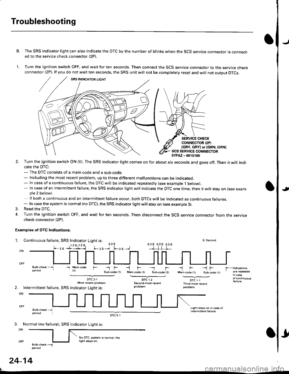 HONDA CIVIC 1996 6.G Workshop Manual Troubleshooting
J
J
B. The SRS indicator light can also indicate the DTC by the number of blinks when the SCS service connector is connect-ed to the service check connector (2P).
1. Turn the ignition HONDA CIVIC 1996 6.G Workshop Manual Troubleshooting
J
J
B. The SRS indicator light can also indicate the DTC by the number of blinks when the SCS service connector is connect-ed to the service check connector (2P).
1. Turn the ignition