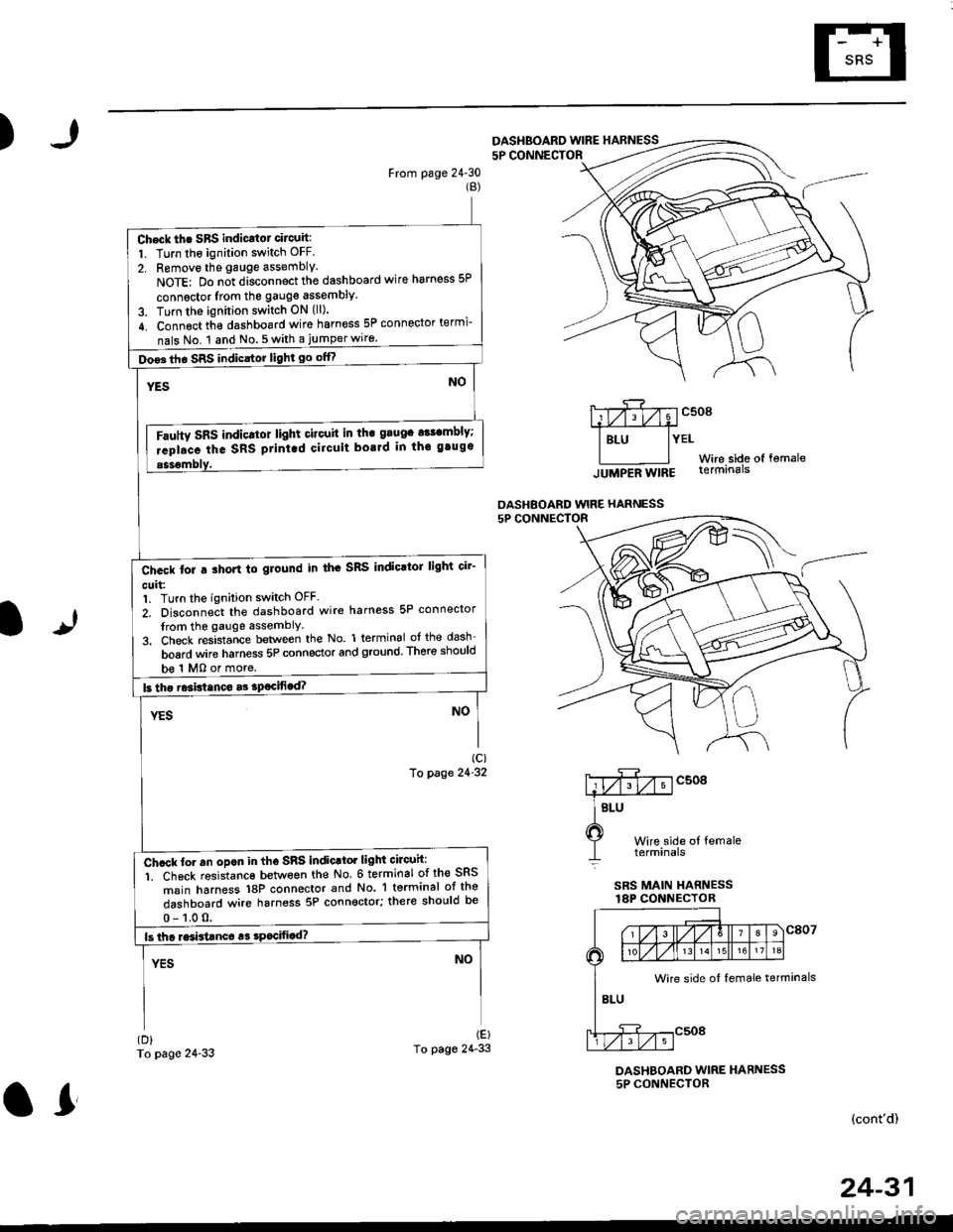 HONDA CIVIC 2000 6.G Workshop Manual )
From page 2430(B)
To page 24-33
5P CONNECTOF
mcsogA#
I Btu lYEtWire side of fomale
lUUpeA Wtng terminals
OASHBOARD WIRE HARNESS
It
Wire side ol femaletetmtnals
SRS MAIN HARNESSlAP CONNECTOR
(D)
To HONDA CIVIC 2000 6.G Workshop Manual )
From page 2430(B)
To page 24-33
5P CONNECTOF
mcsogA#
I Btu lYEtWire side of fomale
lUUpeA Wtng terminals
OASHBOARD WIRE HARNESS
It
Wire side ol femaletetmtnals
SRS MAIN HARNESSlAP CONNECTOR
(D)
To