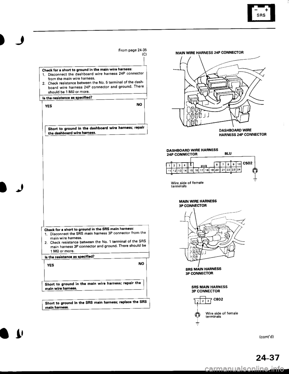 HONDA CIVIC 2000 6.G Workshop Manual )
From page 24-35(c)
DASHEOARD WIRE HARNESS24P CONNECTOR
DASHBOARD WIREHARNESS 24P CONNECTOR
BLU
l)
Wke side oI femaleterminals
MAIN WIBE HARNESS3P CONNECTOR
3P CONNECTOR
SRS MAIN HARNESS3P CONNECTOR

