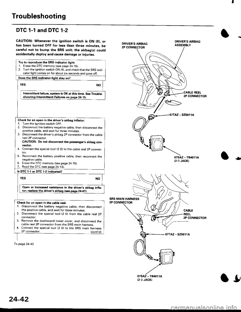 HONDA CIVIC 1998 6.G Workshop Manual Troubleshooting
DTC 1-1 and DTG 1-2
CAUTION: Whenever the ignition switch is ON 0l), orhas been turned OFF for le33 than three minutes, becareful not to bump the SRS unit; the airbagls) couldaccidenta
