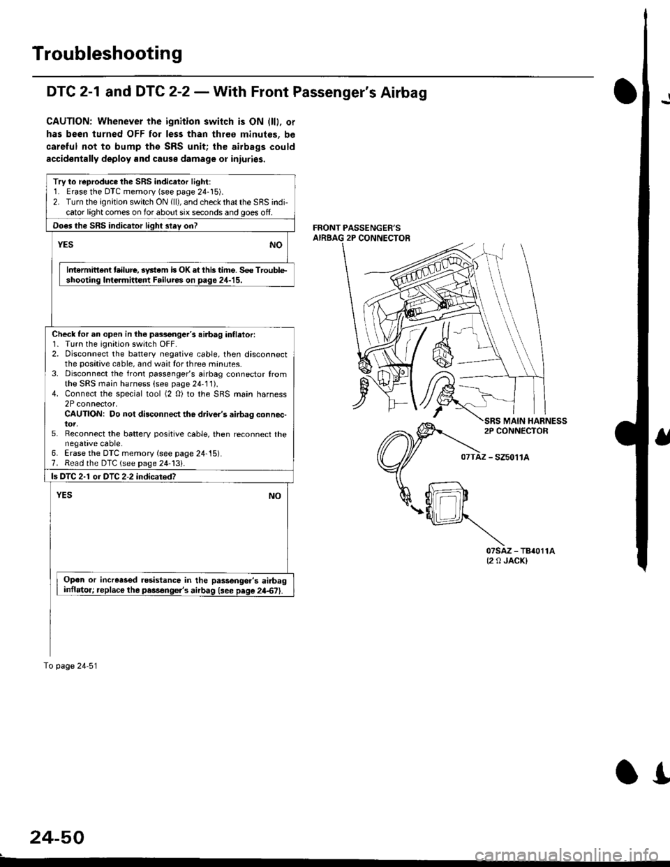 HONDA CIVIC 1998 6.G Workshop Manual Troubleshooting
DTC 2-1 and DTC 2-2 - With Front Passengers Airbag
CAUTION: Whenever the ignition switch is ON (ll), or
has been turned OFF for less than thr€e minutes, be
careful not to bump th€ HONDA CIVIC 1998 6.G Workshop Manual Troubleshooting
DTC 2-1 and DTC 2-2 - With Front Passengers Airbag
CAUTION: Whenever the ignition switch is ON (ll), or
has been turned OFF for less than thr€e minutes, be
careful not to bump th€