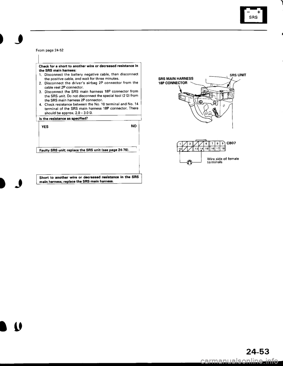 HONDA CIVIC 1998 6.G Workshop Manual l
)
)J
Frcm page 24-52
Check tor a short to another wira or docroased tesistanco in
th€ SRS main hamess:1. Disconnect the battery negative cable, then disconnect
the positive cable, and wait tor thr