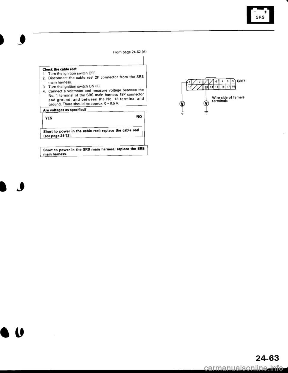 HONDA CIVIC 2000 6.G Workshop Manual ,)
IJ
t,
From page 2462 (A)
Check the cable reel:
1. Turn the ignition switch OFF
2. Disconneit the cable reel 2P connector from the SRS
maln harness,
3. Turn the ignition switch ON {ll}
4. Connect a
