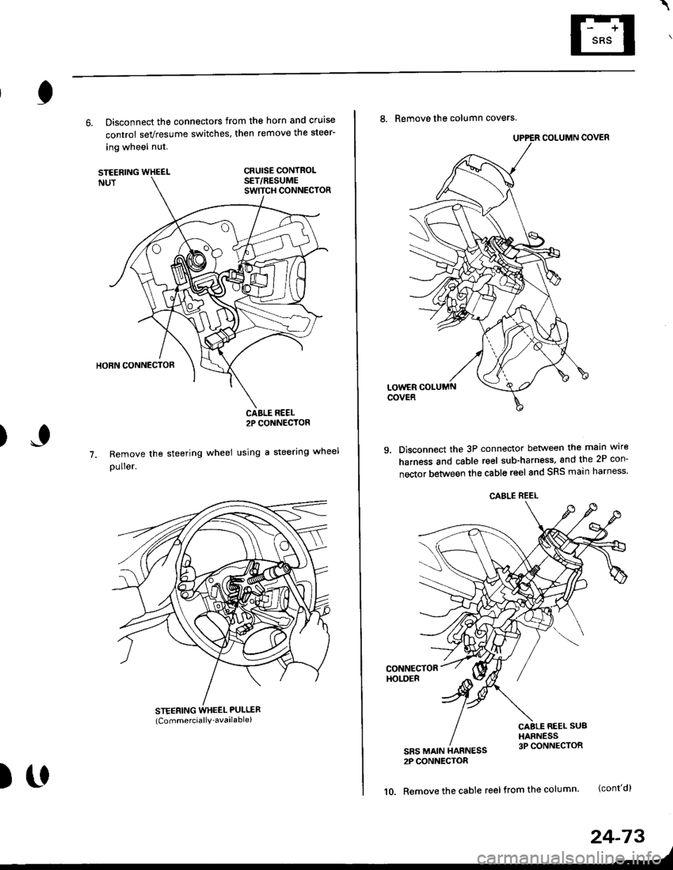 HONDA CIVIC 1997 6.G Workshop Manual \
6. Disconnect the connectors from the horn and cruise
control sevresume switches, then remove the steer-
ing wheel nut.
STEERINGNUT
CRUISE CONTROLSET/RESUMESWITCH CONNECTOR
)
HORN CONNECTOR
Remove t