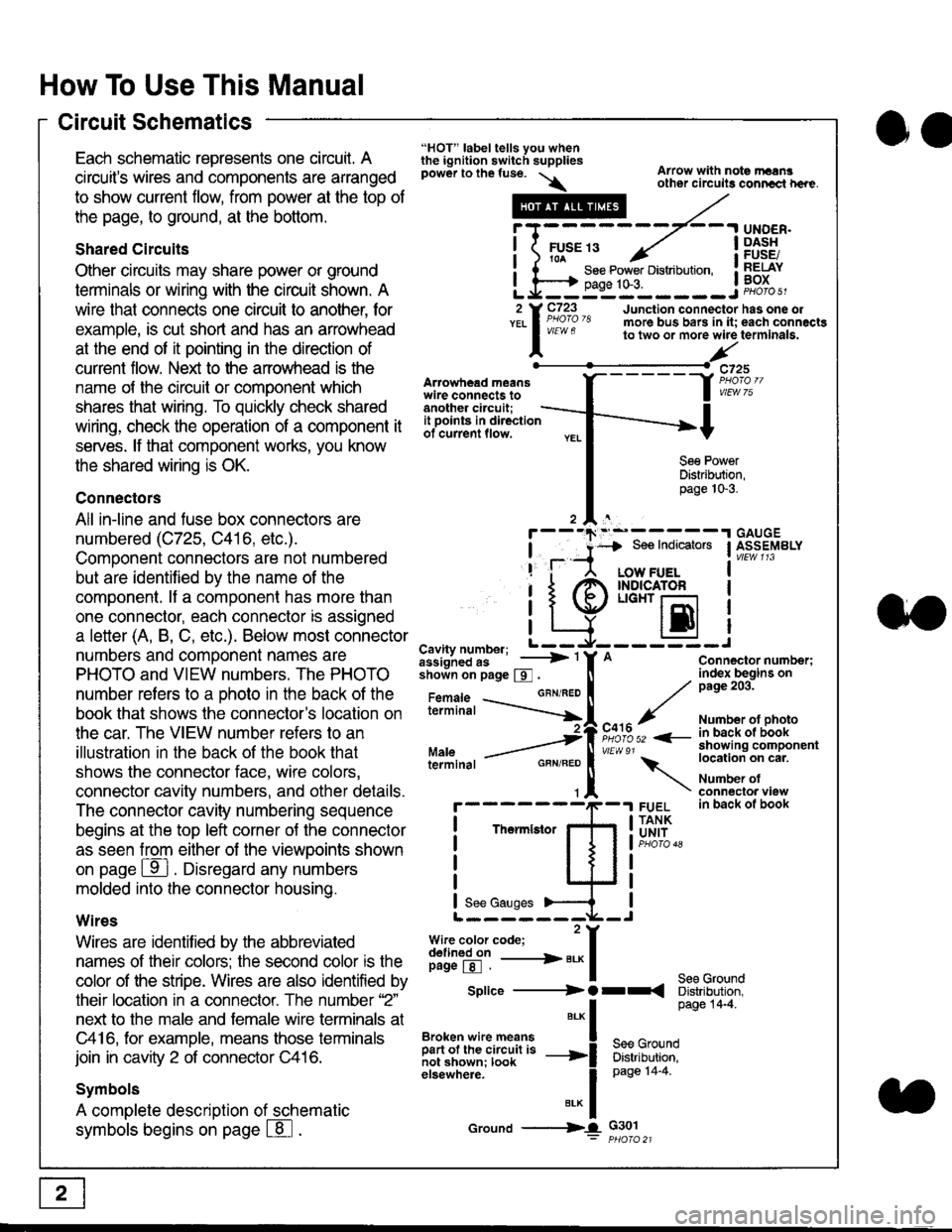 HONDA CIVIC 1996 6.G Workshop Manual How To Use This Manual
Circuit Schematics
oa
Each schematic represents one circult. A
circuits wires and components are arranged
to show current flow, from power at the top of
the page, to ground, at HONDA CIVIC 1996 6.G Workshop Manual How To Use This Manual
Circuit Schematics
oa
Each schematic represents one circult. A
circuits wires and components are arranged
to show current flow, from power at the top of
the page, to ground, at