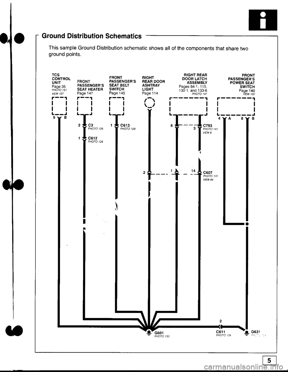 HONDA CIVIC 1996 6.G Workshop Manual Ground Distribution Schematics
This sample Ground Distribution schematic shows all of the components that share two
ground points.
TCSCONTROLUNITPage 35
tl
tl
9Y B
FRONTPASSENGERSSEAT HEATERPage 147
