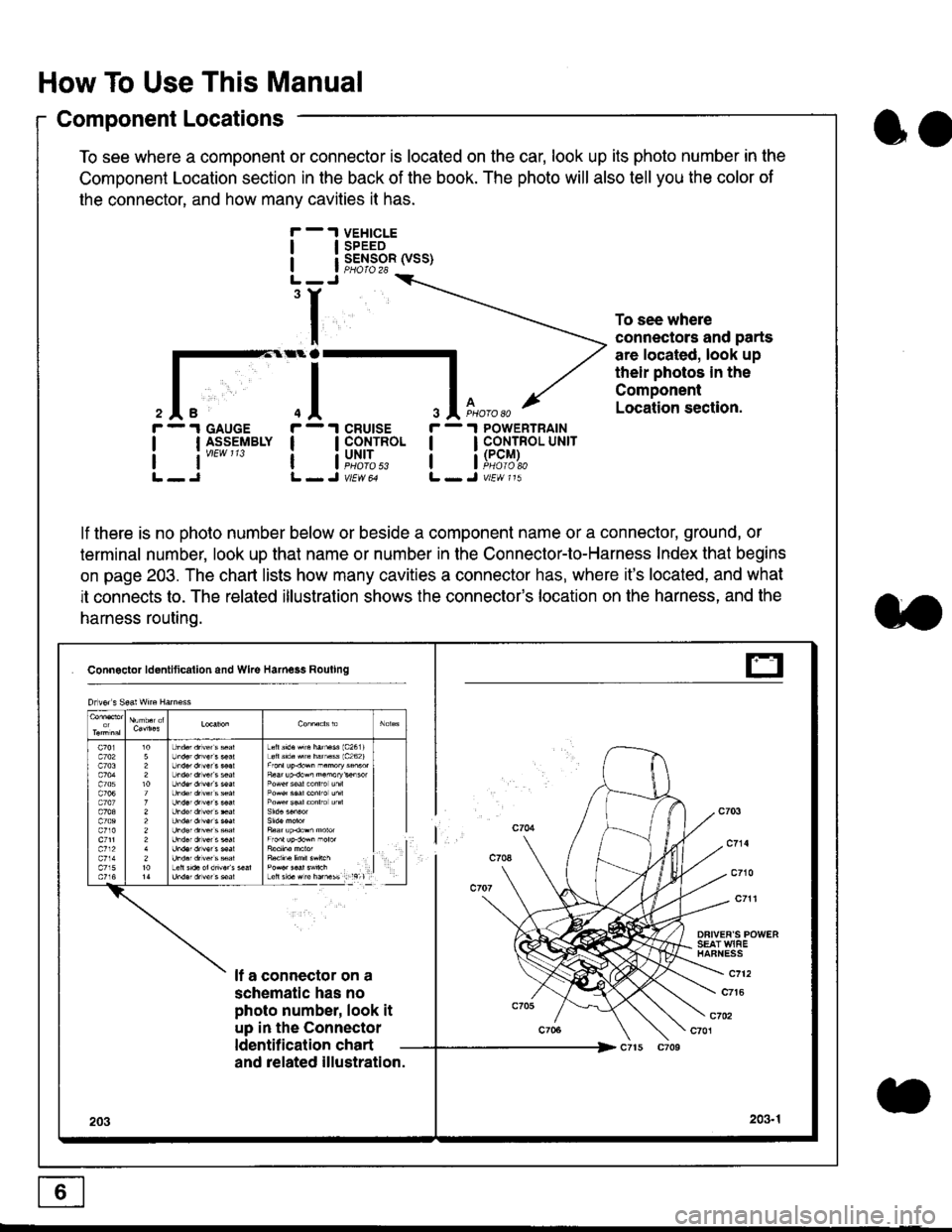 HONDA CIVIC 1996 6.G Workshop Manual How To Use This Manual
Component Locations
To see where a component or connector is located on the car, look up its photo number in the
Component Location section in the back of the book. The photo wi HONDA CIVIC 1996 6.G Workshop Manual How To Use This Manual
Component Locations
To see where a component or connector is located on the car, look up its photo number in the
Component Location section in the back of the book. The photo wi