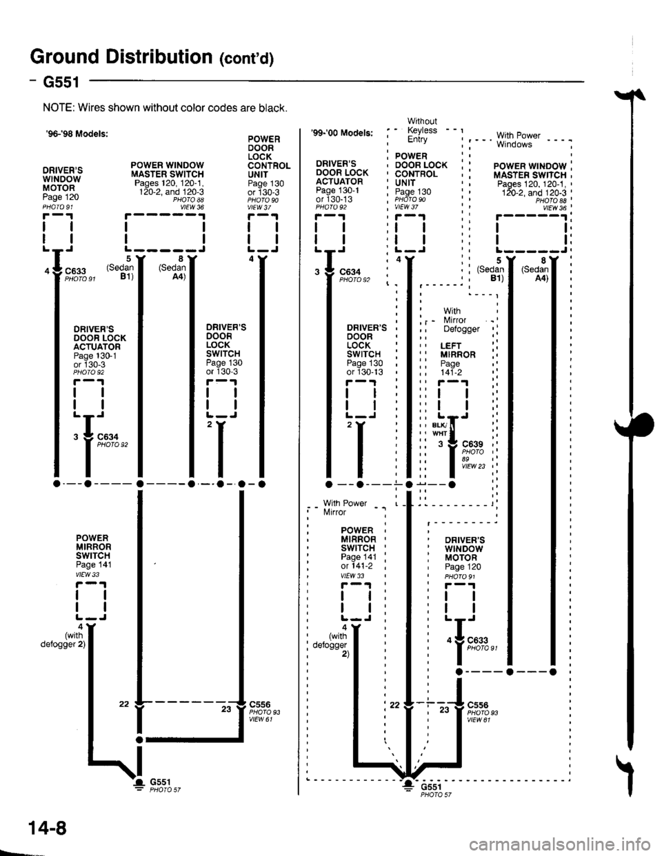 HONDA CIVIC 1996 6.G Workshop Manual Ground Distribution (contd)
1
- G551
Page
I
I
96-98 Models:
DRIVERSwtNDowMOTOR
NOTE: Wires shown without color codes are black.
4
12091
I
I
c633
oRrvERsDOOR LOCKACTUATORPage 130-1or 130-3
tl
tl
:
