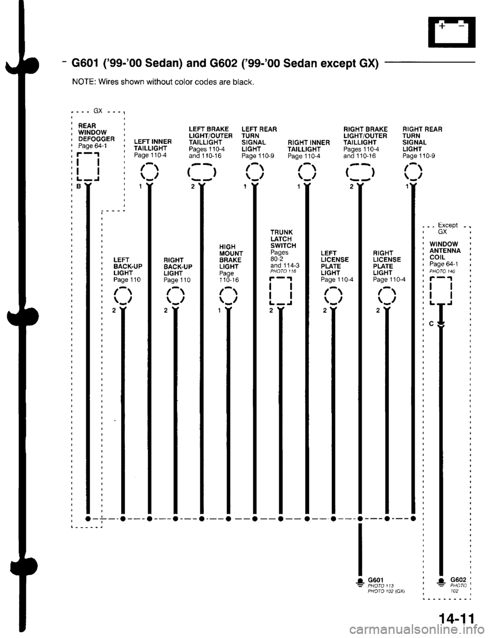 HONDA CIVIC 1996 6.G Workshop Manual - G601 (99-00 Sedan) and G602 (99-00 Sedan except GX)
NOTE: Wires shown without color codes are black.
.--- GX ---
: REAR I, LEFT BRAKE LEFT REAR RIGHT SRAKE RIGHT REABr/:rrT/|.rr rYEo Tr rDNI: HONDA CIVIC 1996 6.G Workshop Manual - G601 (99-00 Sedan) and G602 (99-00 Sedan except GX)
NOTE: Wires shown without color codes are black.
.--- GX ---
: REAR I, LEFT BRAKE LEFT REAR RIGHT SRAKE RIGHT REABr/:rrT/|.rr rYEo Tr rDNI: