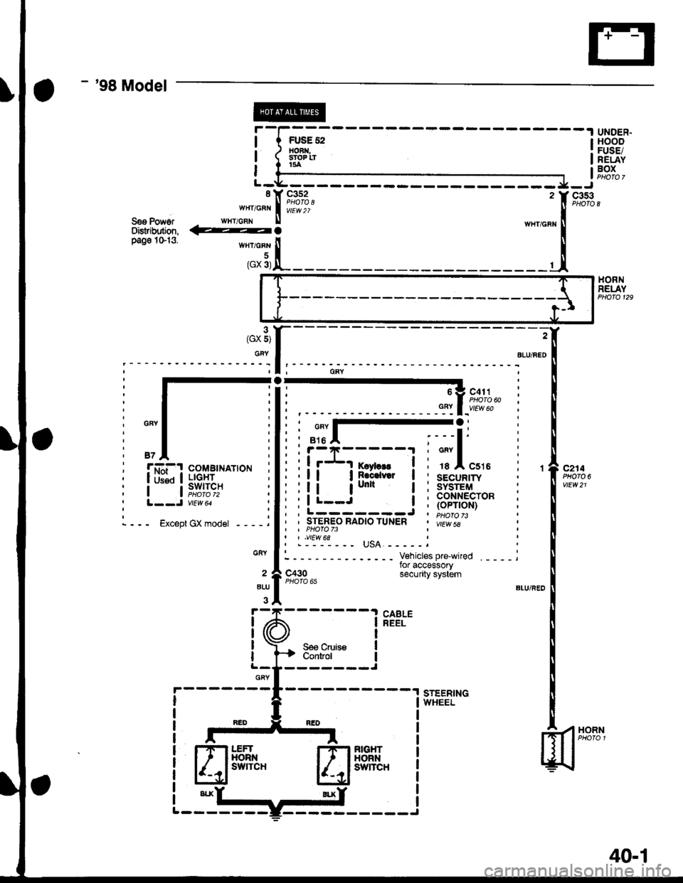 HONDA CIVIC 1997 6.G Workshop Manual - 98 Model
FUSE 52floFft,sroP tT154
UNDER.HOODFUSE/RELAYBOX
THI
I
I
I
c353I Y C3s2
"",o"n I il?lo,wHT/cFN U
@.S€o PowslDisfibdion,page 1013.
HORNRELAY
o
GFY
87
:l;l
:ll
!Gi-! c.oMBrNAroN
I UIi
