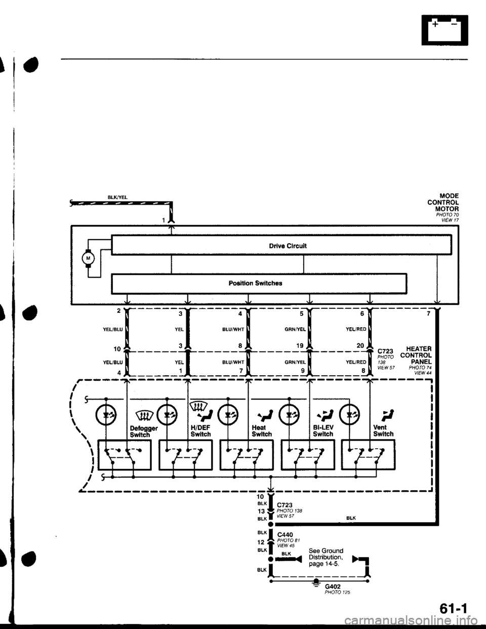 HONDA CIVIC 1998 6.G Workshop Manual I
MODECONTROLMOTOR
;T
___"rt
1[
___l:il
,rlK
YEUBEO
_:o_
YEUBED
8t
HEATERCONTROLPANEL
I
I
I
t
\.l
t
lleatSwltch
c723
138
it
VenlSwltch
\
I
I
I
I
c723
S9e GroundDistribution,page 14-5.h
-_l
G402
:",;[-