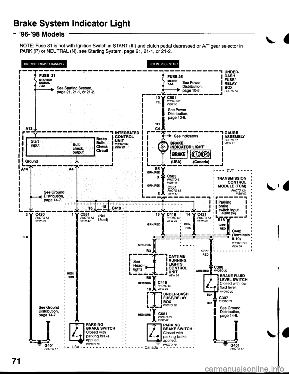 HONDA CIVIC 2000 6.G Workshop Manual Brake System Indicator Light
- 96-98 Models
NOTE: Fuse 31 is hot with lgnition Switch in START (lll) and clutch pedal depressed or A,/T gear selector in
PARK (P) or NEUTRAL (N), see Starting System, HONDA CIVIC 2000 6.G Workshop Manual Brake System Indicator Light
- 96-98 Models
NOTE: Fuse 31 is hot with lgnition Switch in START (lll) and clutch pedal depressed or A,/T gear selector in
PARK (P) or NEUTRAL (N), see Starting System,
