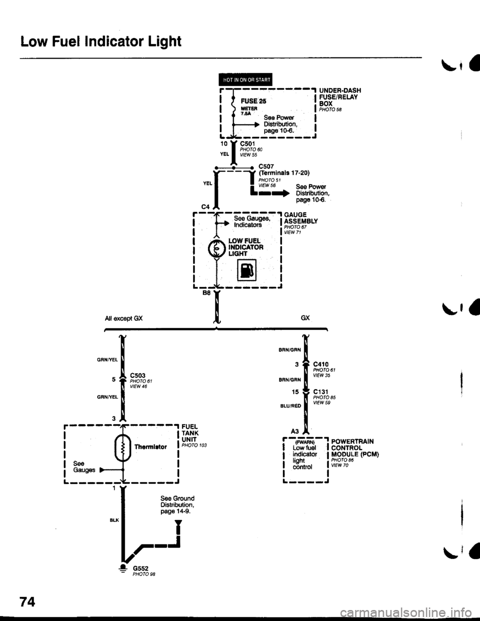 HONDA CIVIC 1998 6.G Workshop Manual Low Fuel Indicator Light

l
t
I
I
I
IJ
pag6 106.
, 
-ls,T,*-*:lligff*,
l,;l:l?,
A3A
!-{ilril}-1 PowERTRAtNI Lowtuel I CONTROL
I i$grtor I MoD]LE (pcM)
i 
S i18l7"*
UNDER.DASHFUSE/RELAYBOXPHOTO 5