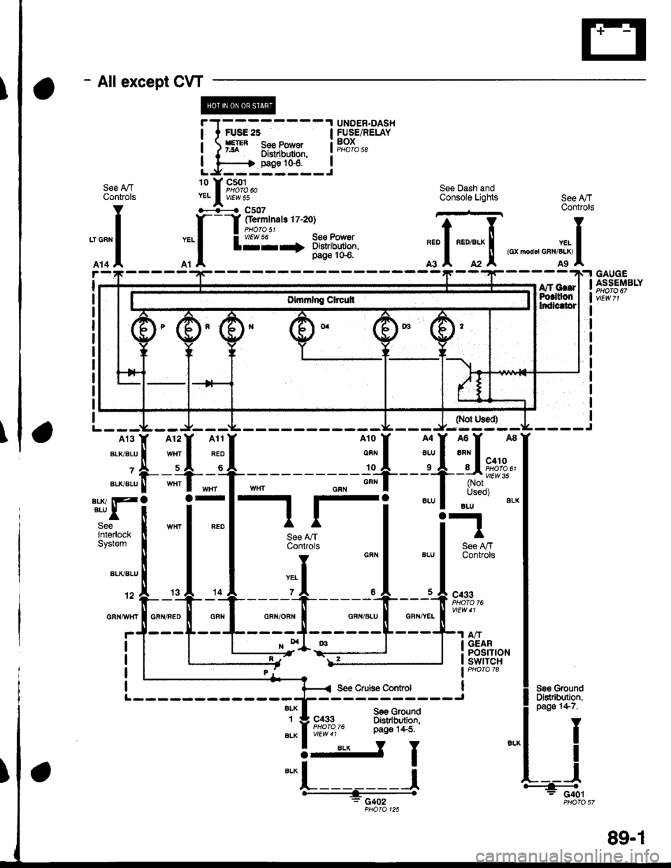 HONDA CIVIC 1996 6.G Workshop Manual rT---- UNDER.DASHI I FU3E25 I FUSE/RELAY
i i m* **J.e:1- iF,?T,.aI l-----+ pags 1G6. IL.*--------J
a
- Allexcept CW
@E
-1 
I-i
See A"|TControls
."r*"*",iFI
llIftr;1
.-a---{ csoT
..[--[Eq"Ti**,,
o