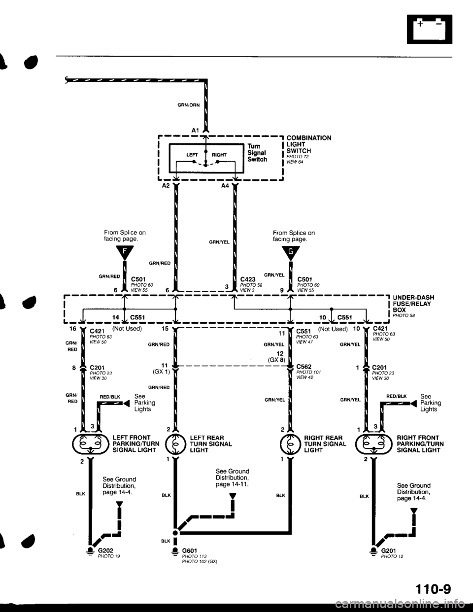 HONDA CIVIC 1997 6.G Workshop Manual \
COMBINATIONLIGHTswrTcH
ytEW 64
TumSignalSwltctl
A2
From Splice onfacing page.
v
i
cazs o"nttt I csor;l:J?" " lEl?,*{
GRN/FED
606UNDER-DASH
IIFUSE/RELAYi BoxI
I
ffi **;r,-" 
" 
"J- *.. 1 
t*?