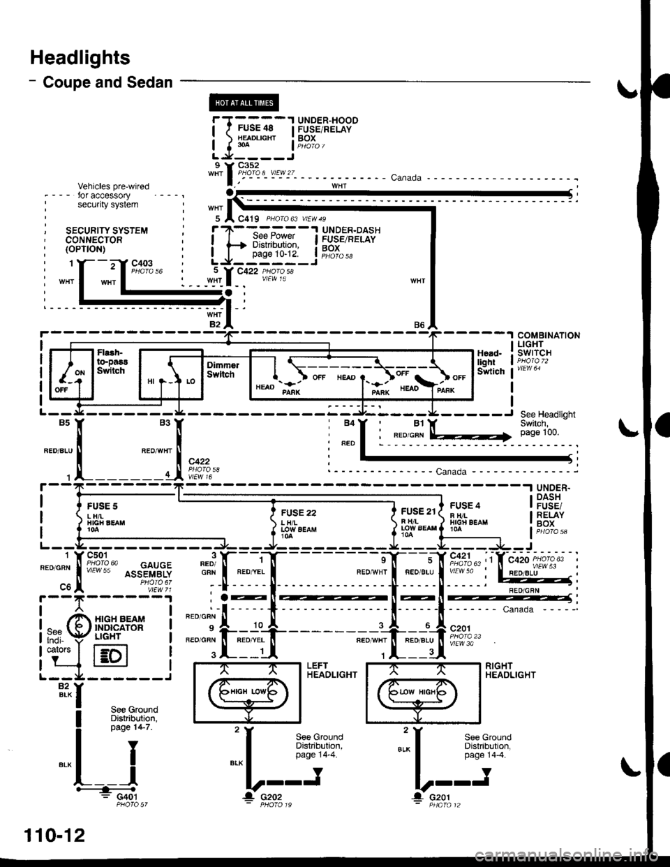 HONDA CIVIC 1997 6.G Workshop Manual Headlights
- Coupe and Sedan
Vehicles pre-wired- - - for accessorysecurity system
5 f| C419 PHQ|O63 vtEW4s
UNDER-HOOD| / FUSE 48 | FUSE/RELAY:  HEADLTGHT :BOXI I 3oa I pHoroT
LJ----JI Y C3s2wHrl PYo-r