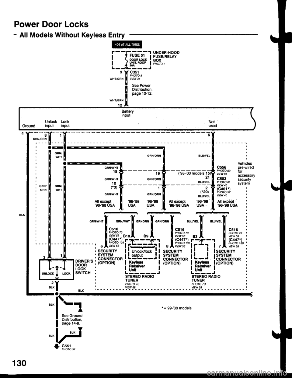 HONDA CIVIC 1998 6.G Workshop Manual Power Door Locks
- All Models Without Keyless Entry
G551
[t.dE-l= 
- ---- --:[
l!fi:i- ".",.1
l! l-------- r I
li I I 
*"I!k------#-r*.*rq;,pft?is,,,flr::fi
| : I I c"u,,", i c"",o"" i 21 i cs03 s