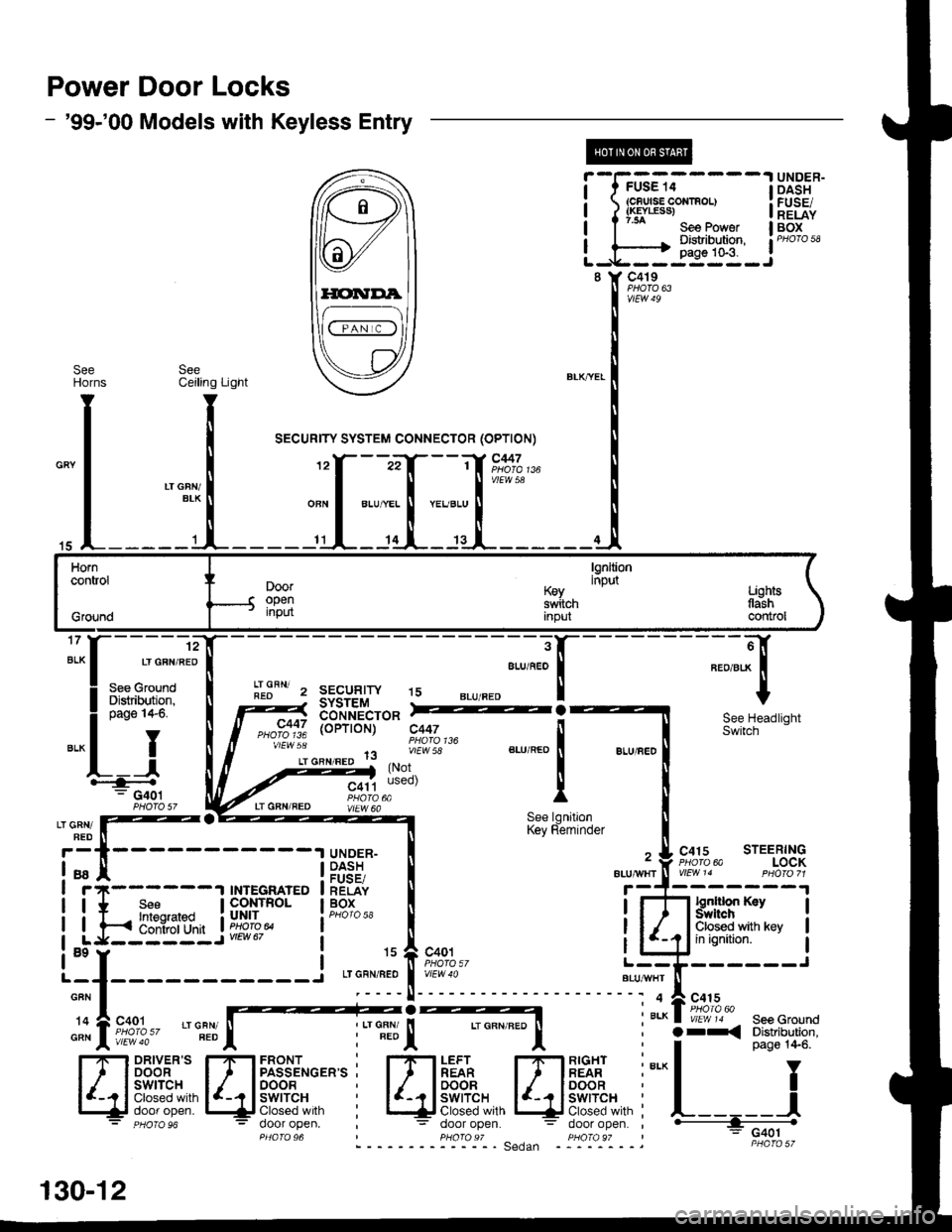 HONDA CIVIC 1996 6.G Workshop Manual Power Door Locks
- 99-00 Models with Keyless Entry
@
i-f?G;.-----l
i ?f*""t:::", i
L-,H-i{*q-J
UNDER-DASHFUSE/RELAYBOX
8 Y C419
vtEW49
SeeHOrns
15
Horncontrol
Grgund
lgnltioninputDooropeninput
K€y